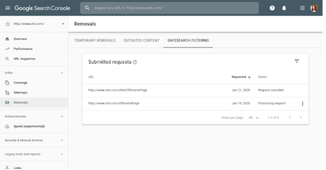 tela do submited requests do search console