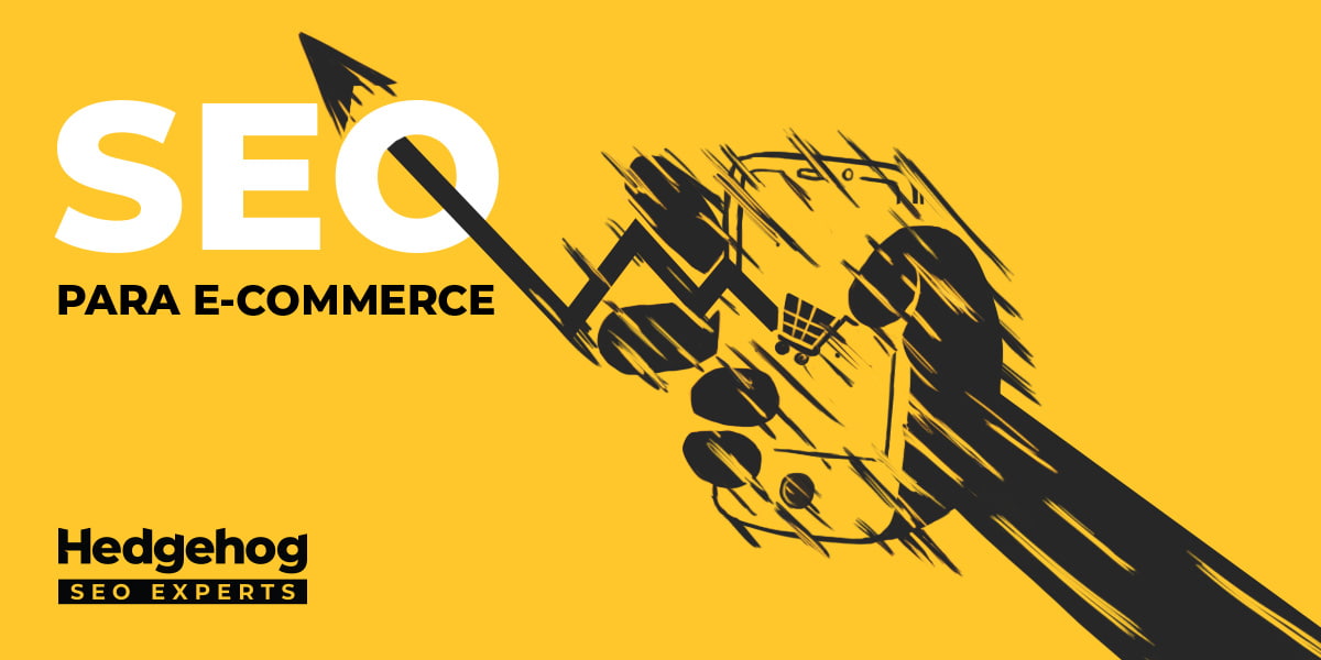 ilustração de seo para e-commerce, com um braço segurando um celular que tem um ícone de carrinho de compras, e uma setinha para cima indicando crescimento