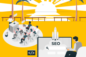 Ilustração do pôr do sol em uma praia, com palmeiras dos dois lados. Na orla, um grupo de pessoas está sentada em cadeiras assistindo uma palestra, e mais ao canto há um homem sentado olhando para um telão escrito SEO