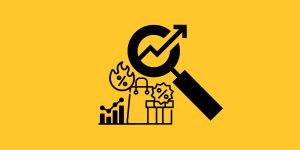 imagem gráfica com fundo amarelo e em primeiro plano, desenho de lupa e carrinho de compras