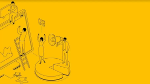 Imagem mostra desenho vetorial com profissionais de marketing, em fundo amarelo