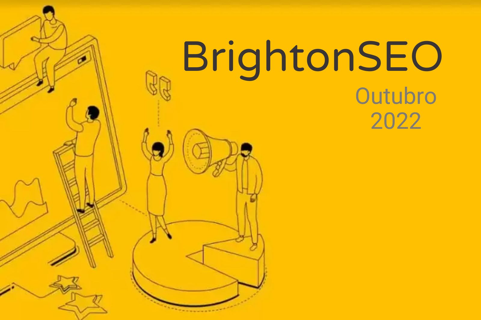 ilustração de grupo de pessoas ao redor de uma tela de um evento, ilustrando o brighton SEO de outubro de 2022