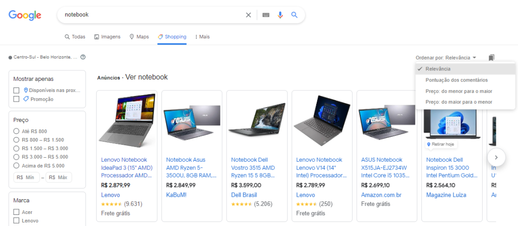 print do google shopping com buscas sobre notebooks