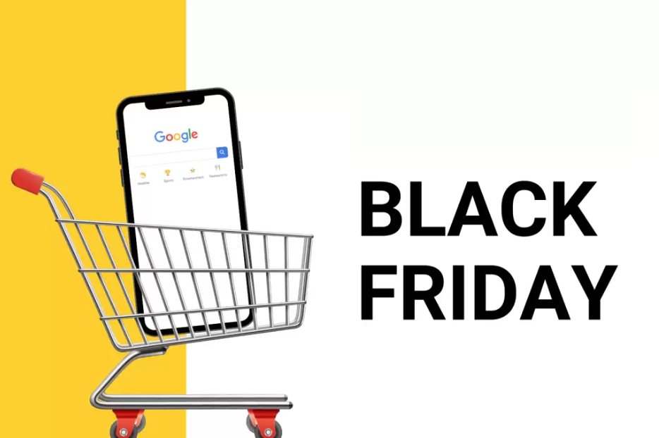 Imagem com carrinho de compras e um celular abeto no google. Acompanha da frase "black friday"