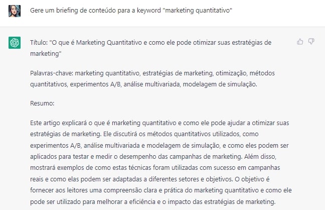 Solicitação de briefing de conteúdo sobre Marketing Quantitativo. A IA deu a sguestão de título, palavras-chave e resumo
