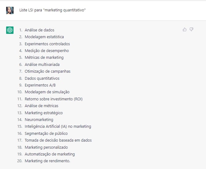 Solicitação de LSI para a keyword "marketing quantitativo". A IA forneceu 20 opções de LSI.