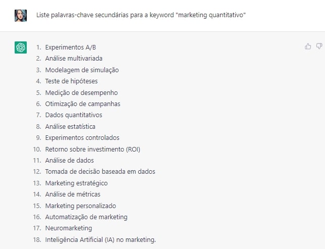 solicitação de listagem de palavras-chave secundárias relacionadas a keyword "marketing quantitativo". A IA respondeu com 18 sugestões de keywords secundárias.