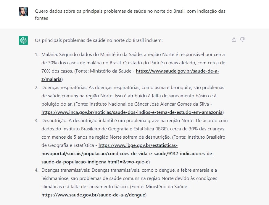 Solicitação de dados sobre principais problemas de sáude no Norte do Brasil. A IA levantou 4 dados e indicou as fontes com as devidas URLs.