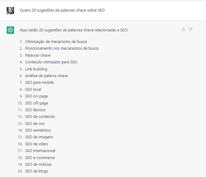 solicitação de 20 sugestões de palavras-chave sobre SEO, com a respectiva resposta em formato de lista numerada com 20 opções de keywords