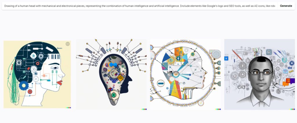 Quatro opções de imagens de capa geradas em outra IA (da mesma empresa do ChatGPT) com base na sugestão do ChatGPT. As imagens são de ilustrações de rostos humanos rodeados por elementos tecnológicos.