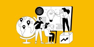 palestrante, congressista e participantes juntos frente a uma tela assistindo uma palestra em uma das conferências de seo e ecommerce ao redor do mundo