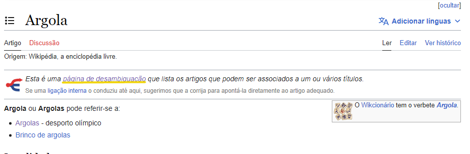 screenshot da página de desambiguação da palavra argola na wikipedia