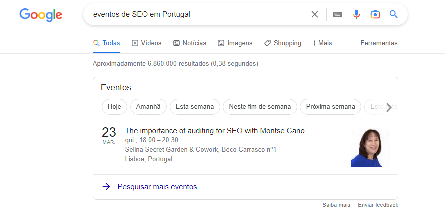 screenshot da serp de 'evento de SEO em portugal' com rich snippet de evento