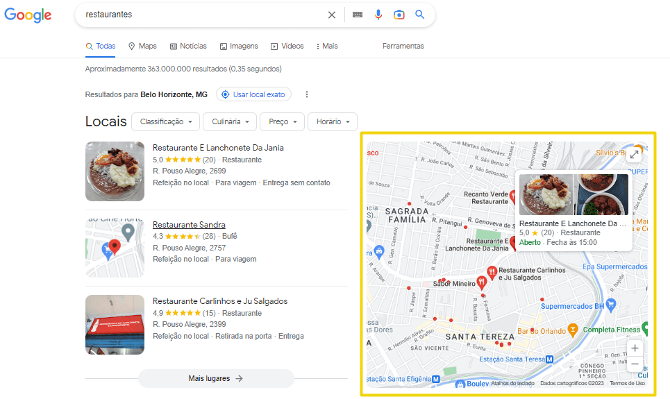 screenshot da serp com o local map pack e marcações no mapa para a busca de restaurantes