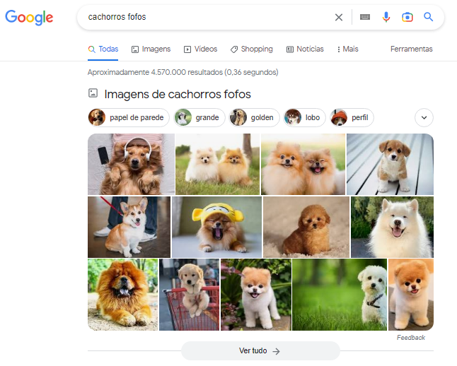 screenshot de pack de imagens para busca por cachorros fofos