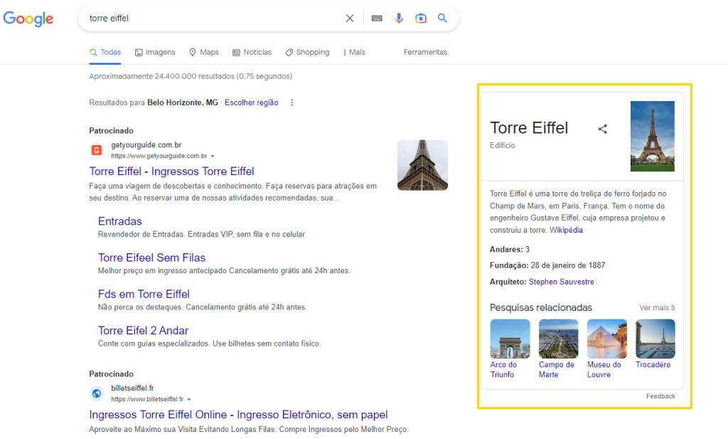 screenshot do knowledge graph para 'torre eiffel', com o paine de informações