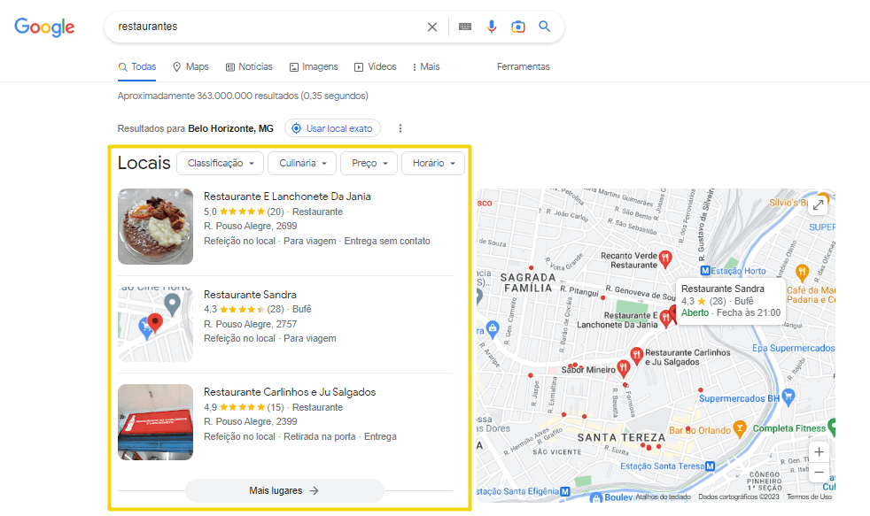 screenshot de local pack de restaurantes