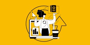 Imagem mostra desenho gráfico de pessoa segurando gráficos e ferramentas, em fundo amarelo
