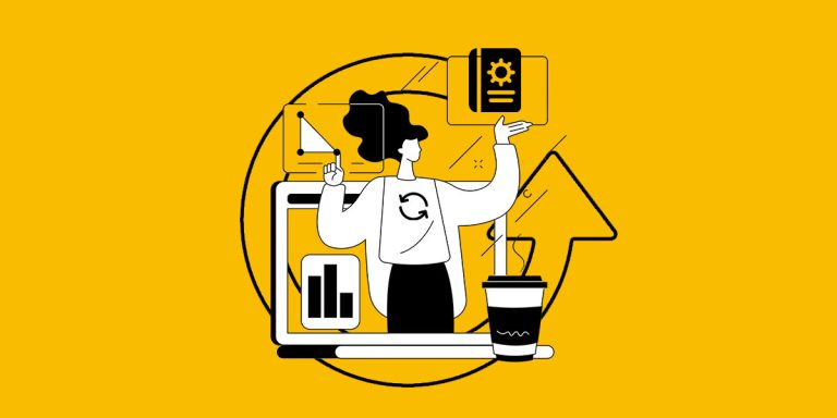 Imagem mostra desenho gráfico de pessoa segurando gráficos e ferramentas, em fundo amarelo
