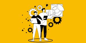 Homens analisando dados em um gráfico, capa do conteúdo do State of Search da Semrush