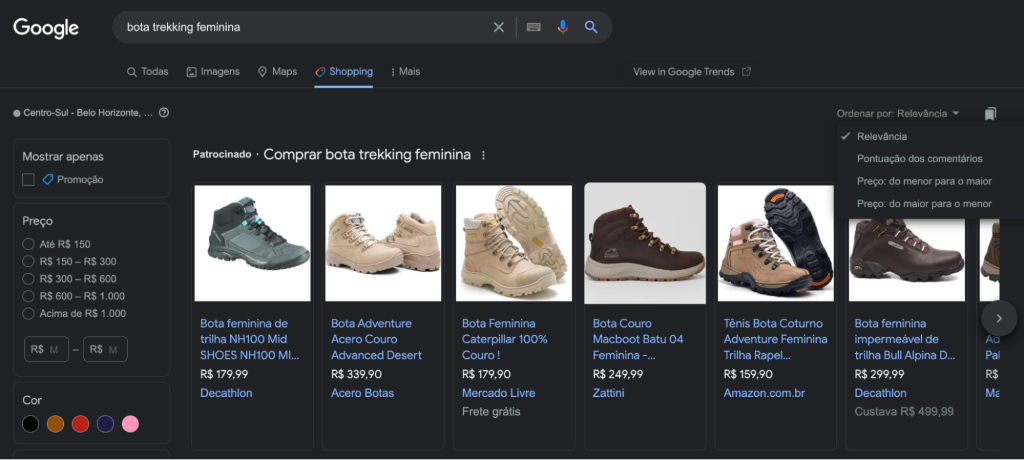 google shopping para busca de botas de trekking