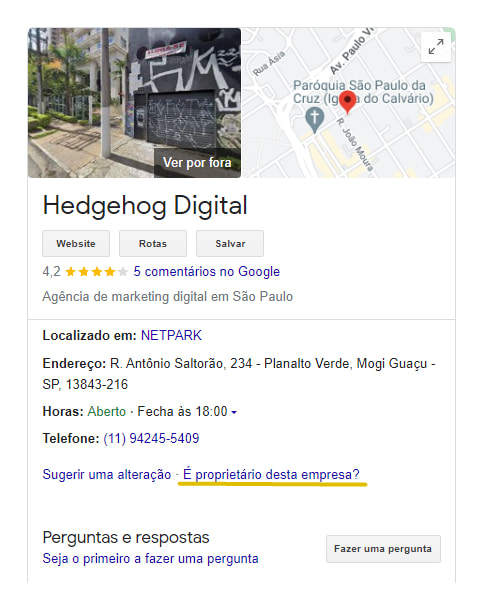 Screenshot do perfil da empresa da Hedgehog, marcando o texto "é proprietário desta empresa?"