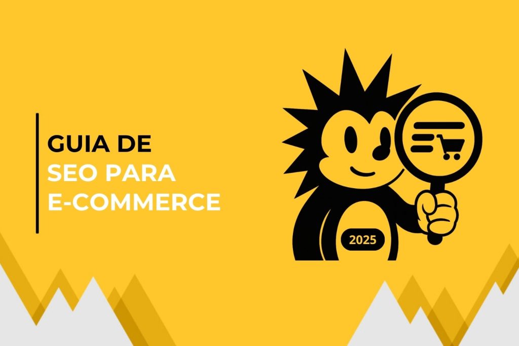 Capa do conteúdo do guia de seo para e-commerce com um hedgehog segurando uma lupa e olhando um carrinho de compras, simbolizando a otimização para mecanismos de buscas de um site de loja virtual