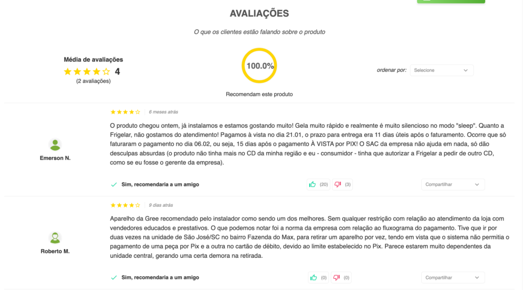 Exemplo de campos de avaliações no e-commerce de Frigelar