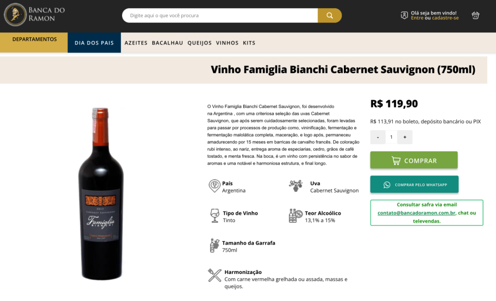 Exemplode página de produto do vinho no e-commerce Banca do Ramon