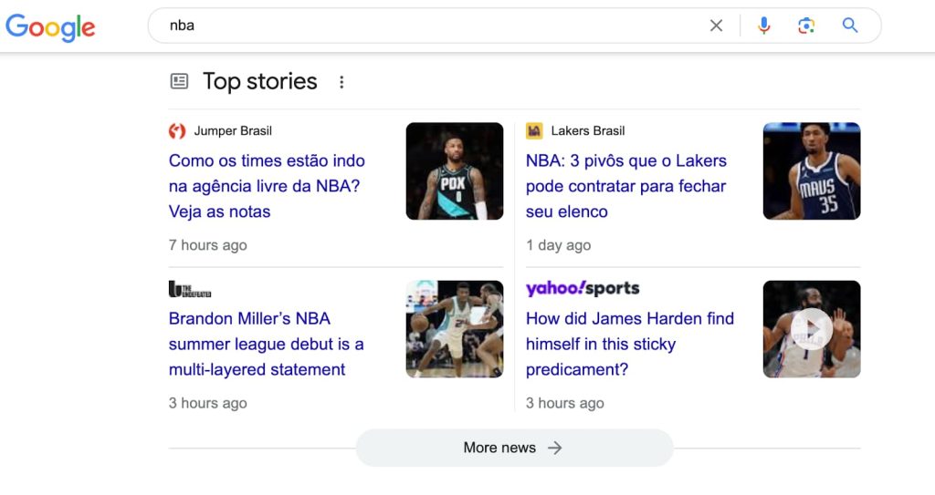 ilustração de dados estruturados de notícia para a busca de NBA