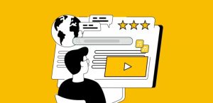 ilustração de homem sentado a frente de um computador analisando vários rich snippets que aparecem com o bom uso de dados estruturados em páginas
