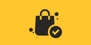 Imagem gráfica com fundo amarelo e sacolinha de compras em primeiro plabno