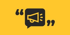 imagem gráfica, com fundo amarelo e um megafone em primeiro plano, representando o marketing