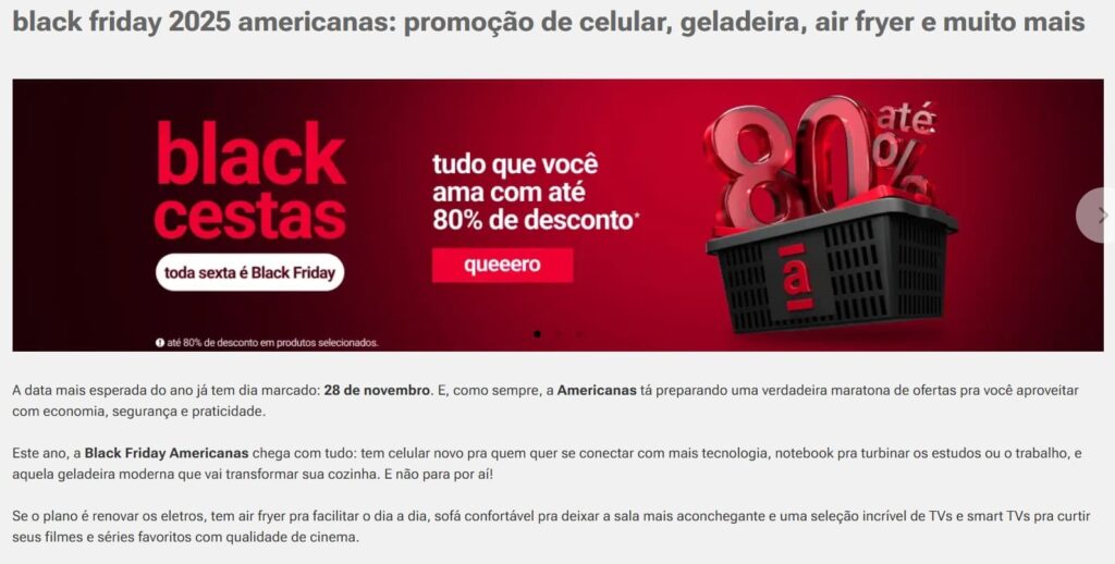 print da home das Lojas Americanas durante a black friday 2025