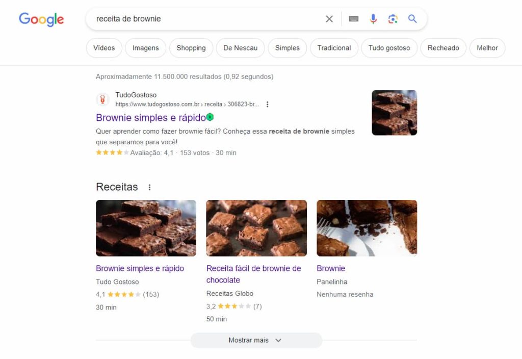Print da página de resultados do Google para receitas de brownie.