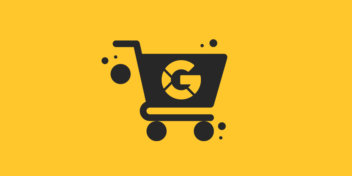imagem gráfica com carrinho de compras e o símbolo do google representando o google shopping