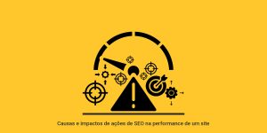Ilustração de um triângulo com exclamação e vários gadgets ao redor dele, capa do conteúdo sobre causa e impacto de ações de SEO