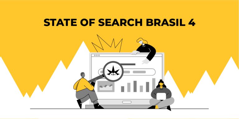Ilustração de pessoas procurando dados sobre o comportamento de buscas do brasileiro na página do artigo da State of Search Brasil 4.