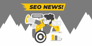 Uma ilustração de uma menina com um alto falante, e em volta, gráficos e textos, e com uma frase de "SEO news"