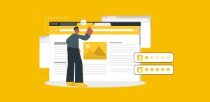 Capa do conteúdo sobre Page Quality, ilustração de uma pessoa analisando a qualidade de uma página da web