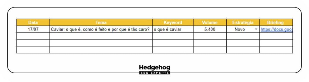 Print de um exemplo de calendário editorial.