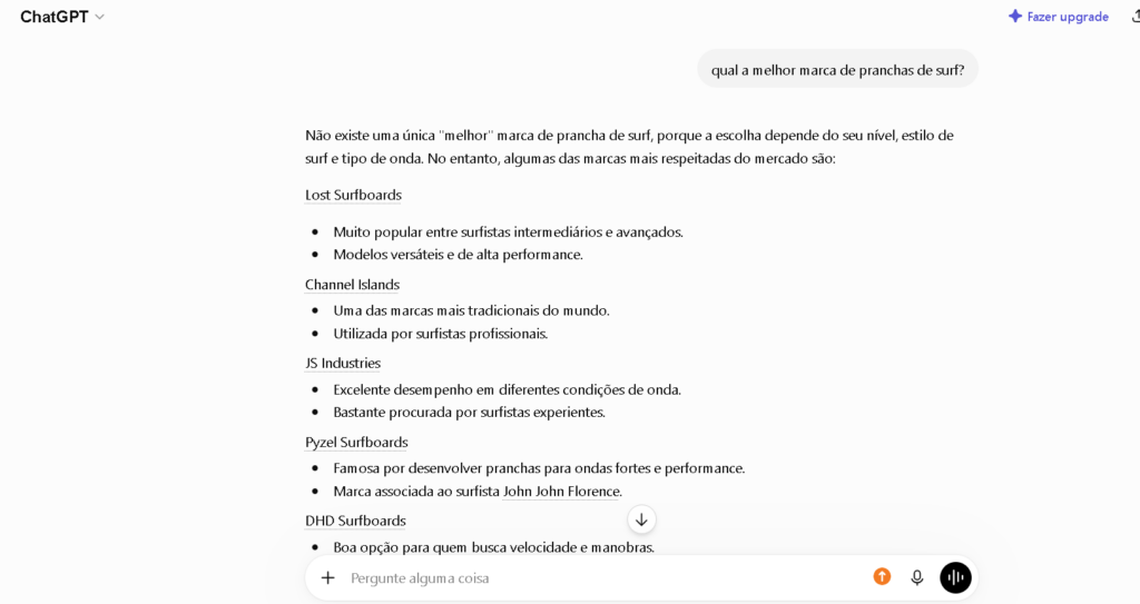 Print de uma conversa no ChatGPT sobre as melhores marcas de pranchas de surf