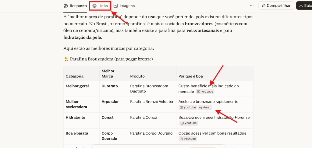reposta de uma conversa no IA Perplexity que deixa visível o campo de referências usado para construir a resposta ao usuário.