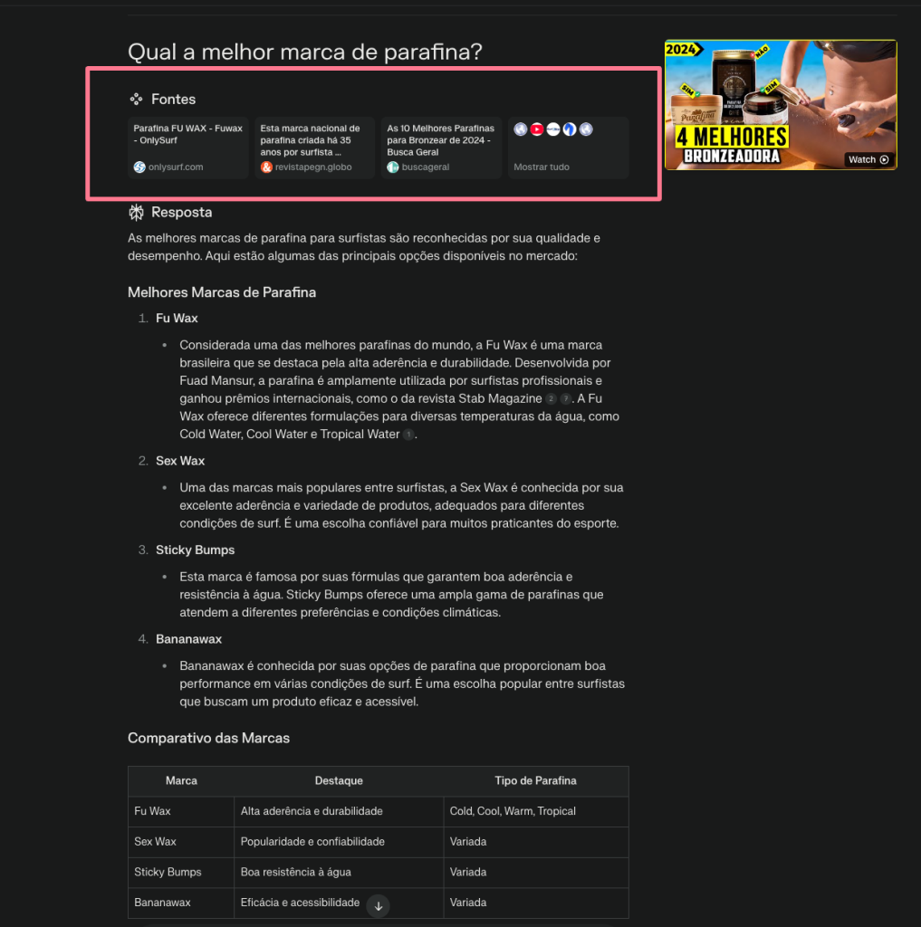 print da IA Perplexity deixa um campo com as referências que foram usadas para responder à pergunta feita pelo usuário