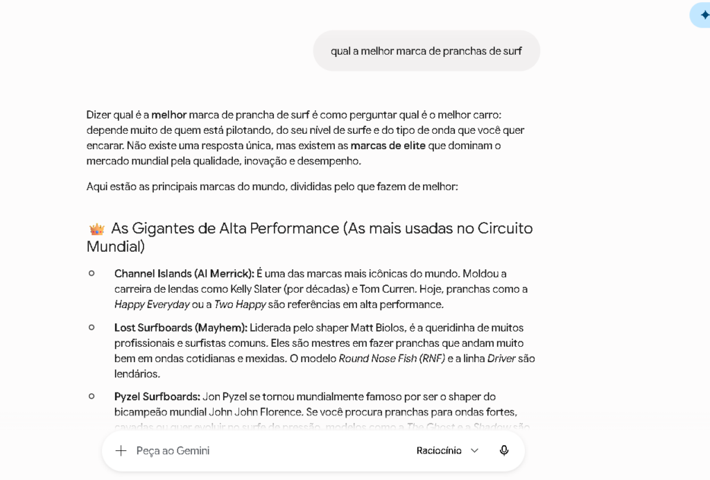Resposta do Gemini para "qual a melhor marca de pranchas de surf". Repare que não há lista de links. Há síntese, com fontes selecionadas.