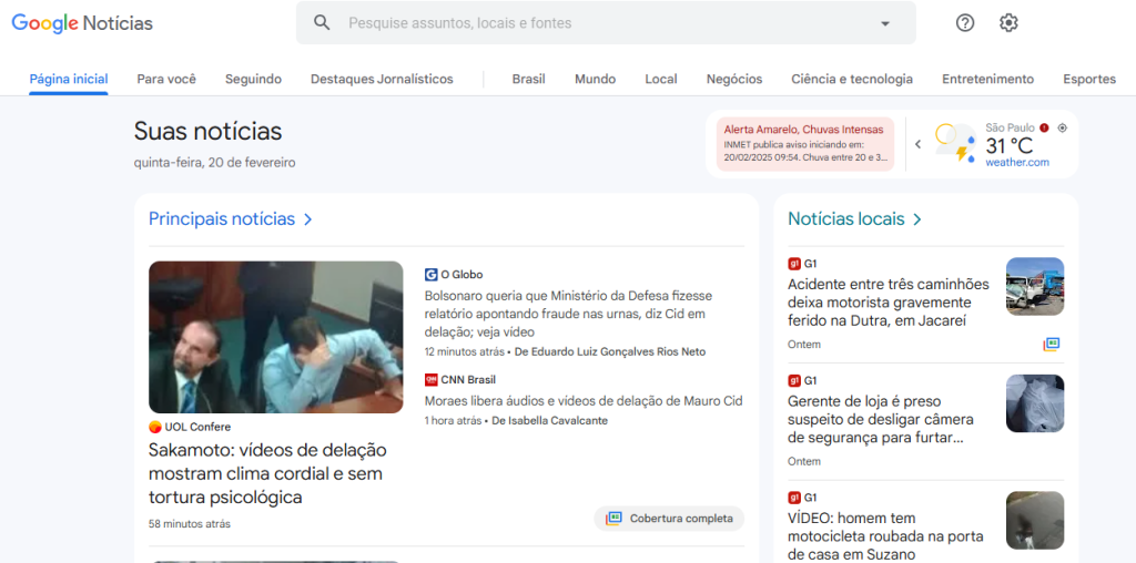 Imagem mostra a home do Google Notícias.