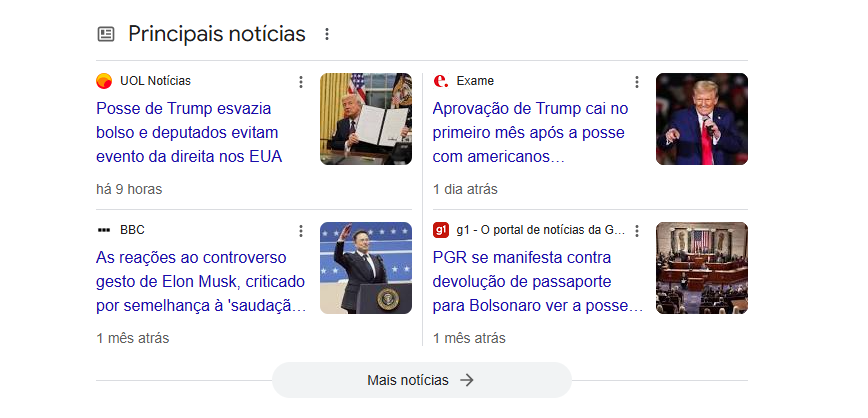 A imagem mostra o Top Stories do Google sobre a posse de Trump.