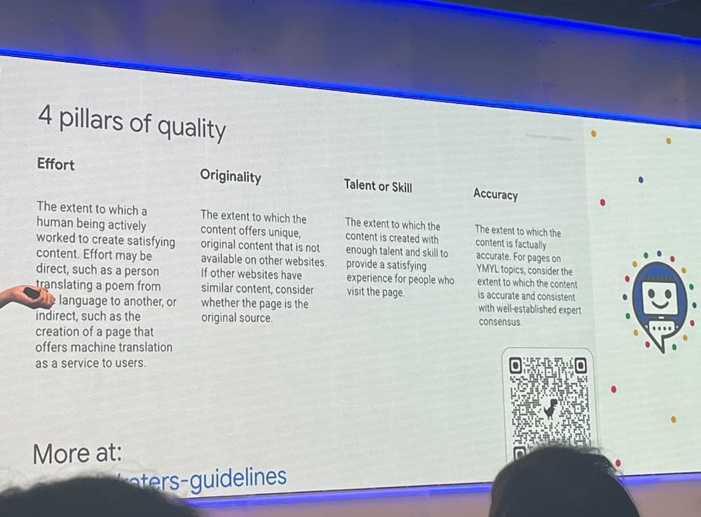 os quatro pilares de search quality segundo o Google, apresentados no search central live