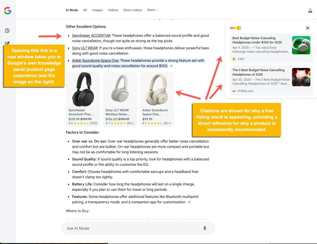 Imagem do AI mode do Google Shooping.