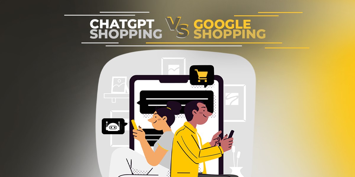 Ilustração comparando ChatGPT Shopping e Google Shopping com AI Mode. À esquerda, uma mulher segura um celular com ícone de chatbot, representando o ChatGPT Shopping. À direita, um homem com celular exibe o símbolo de carrinho de compras, representando o Google Shopping. Ao fundo, um tablet exibe uma interface de conversa. A imagem é dividida por um degradê que vai do cinza ao amarelo, com os títulos “ChatGPT Shopping” e “Google Shopping” destacados no topo.